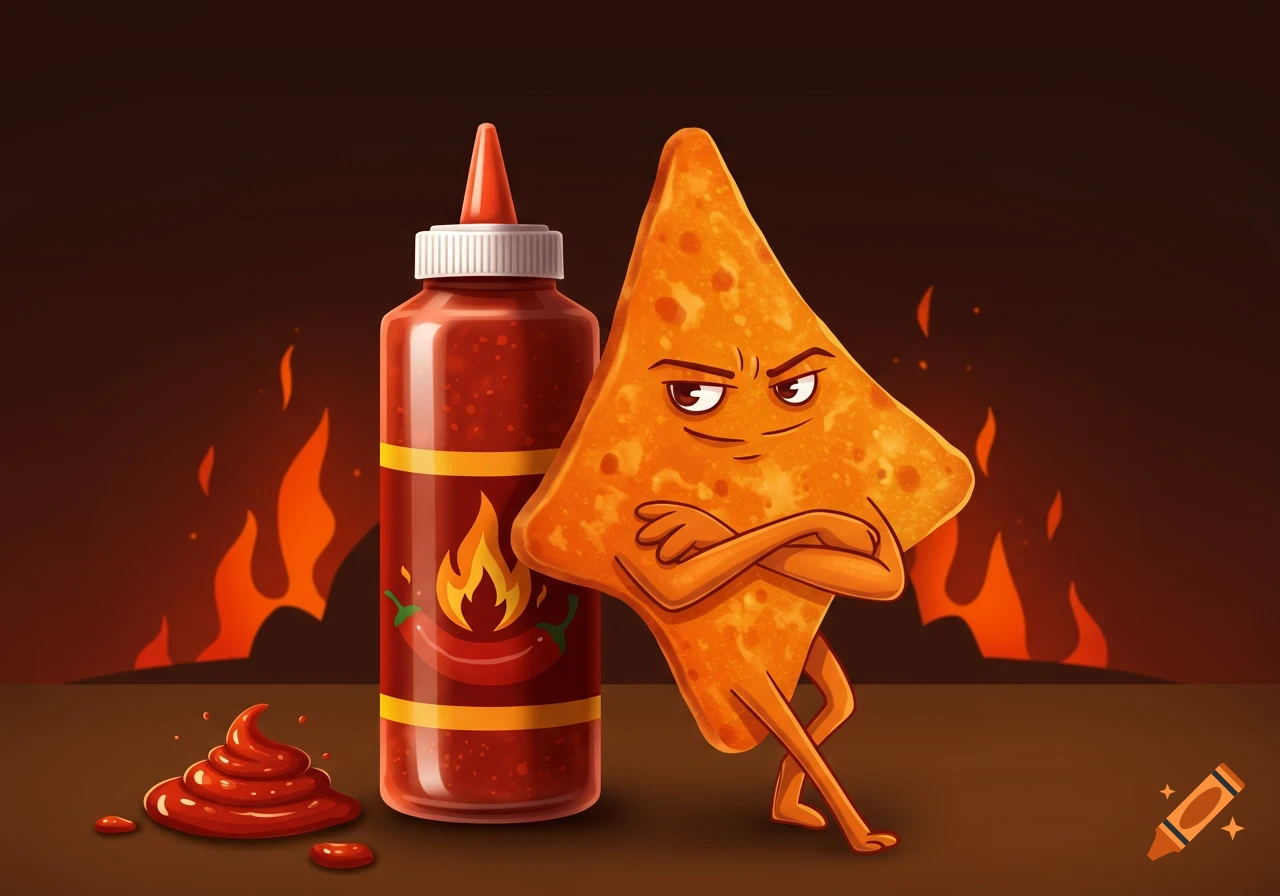 Cartoon chip with crossed arms leans on a hot sauce bottle, with fire in the background.