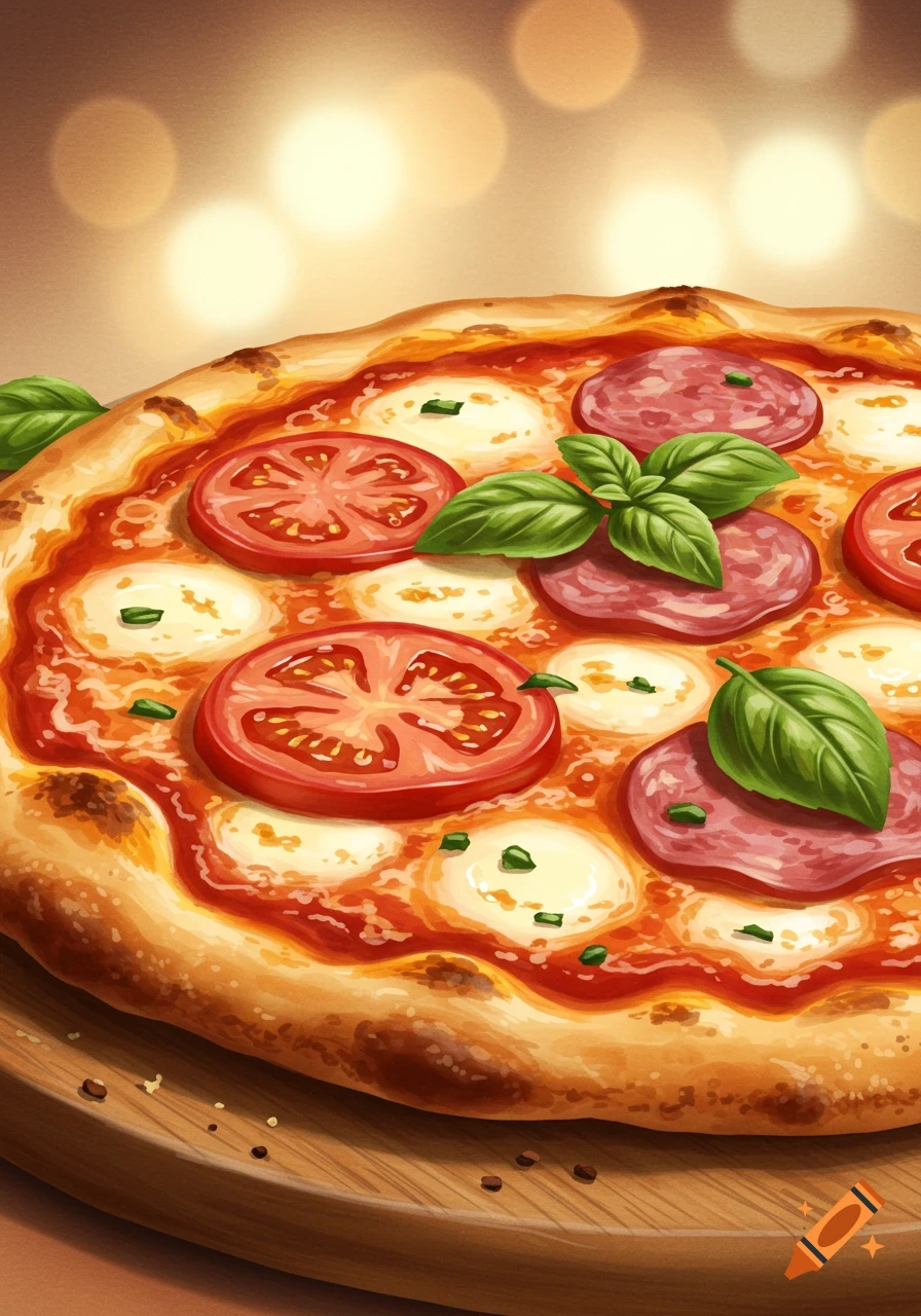 A close-up of a stylized Italian pizza on a wooden board with tomato, mozzarella, pepperoni, and basil