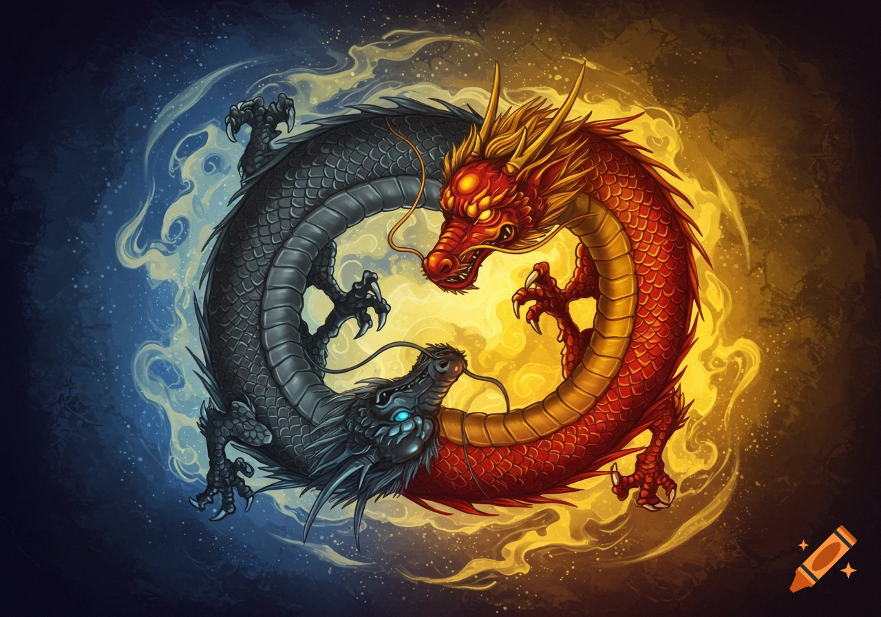 Stylized illustration of a red and gold dragon and a black and blue dragon forming a yin yang symbol against a contrasting background.