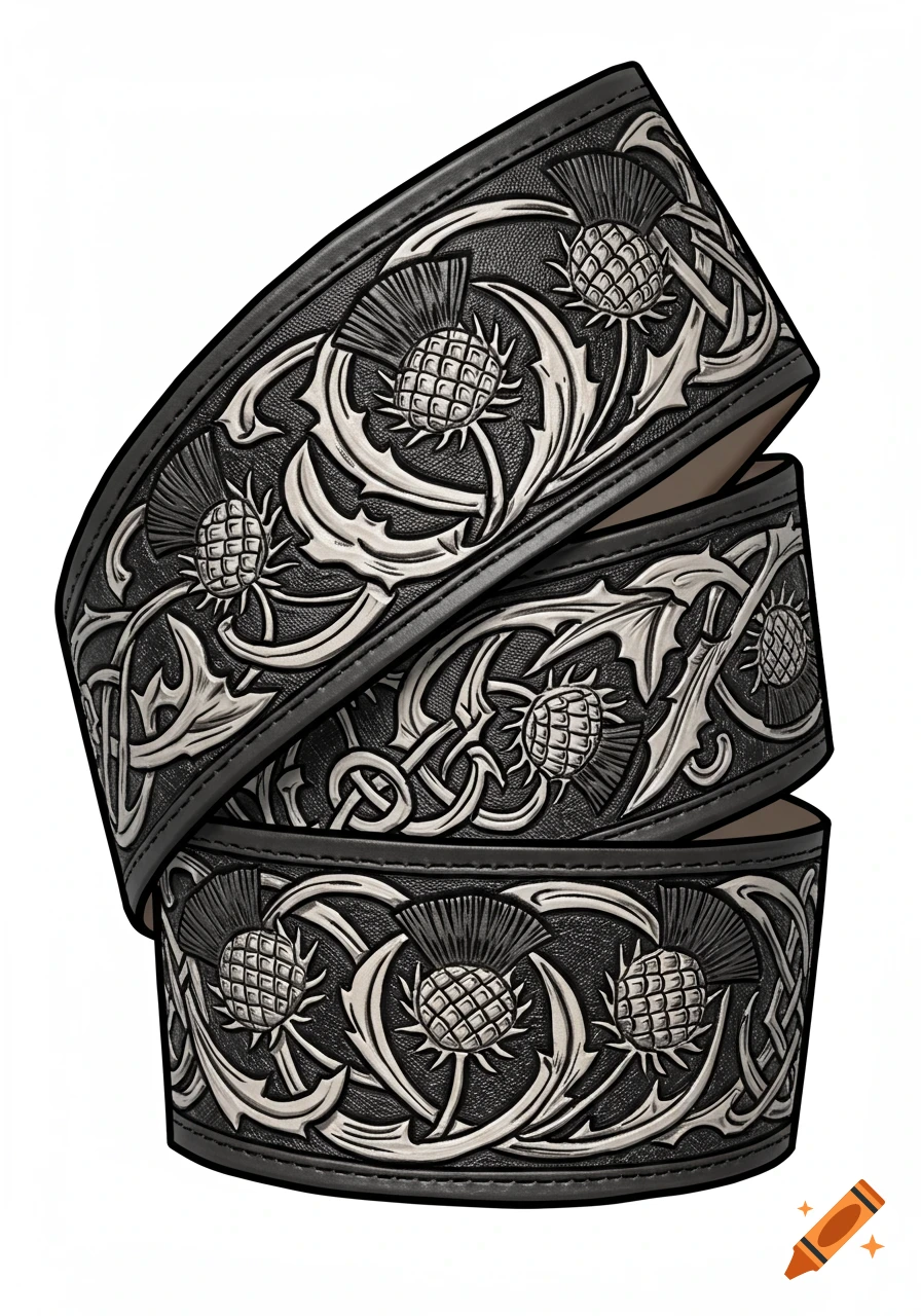 A black leather belt with silver celtic thistle embossing coiled on a white background.