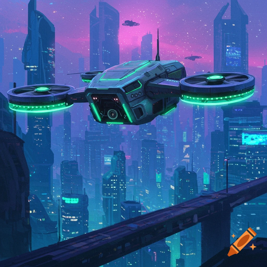 A futuristic drone with glowing green lights flies over a neon-lit cyberpunk city skyline at night.