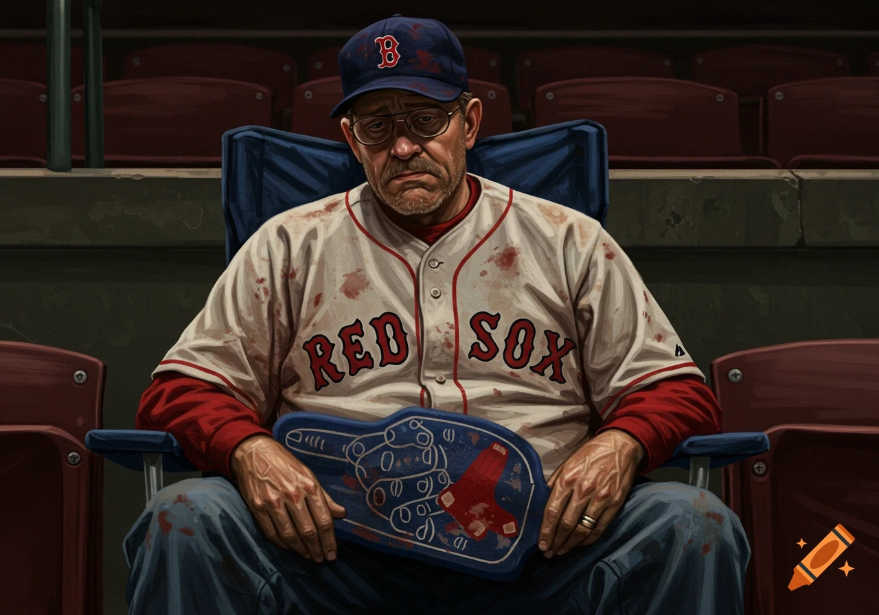 Sad man in bloody Red Sox uniform and cap holding foam finger in stadium, illustration.