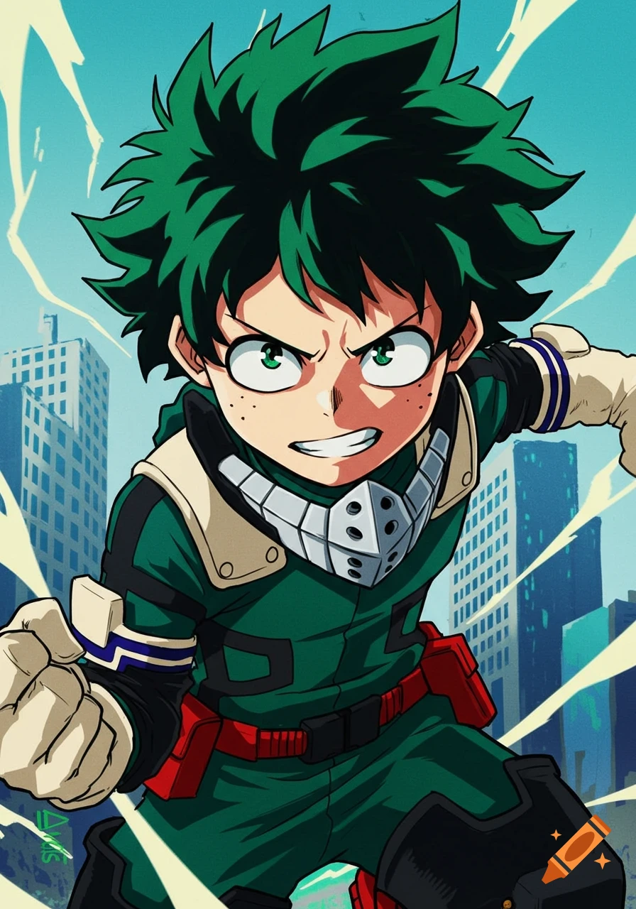 Anime illustration of Deku in hero costume with lightning effects against a city background.
