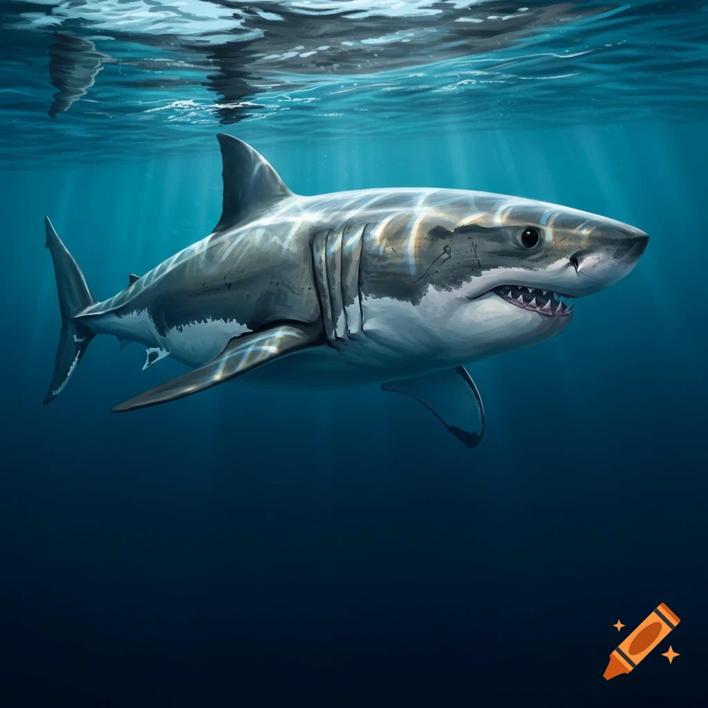 An illustration of a great white shark swimming underwater with light filtering through the surface.