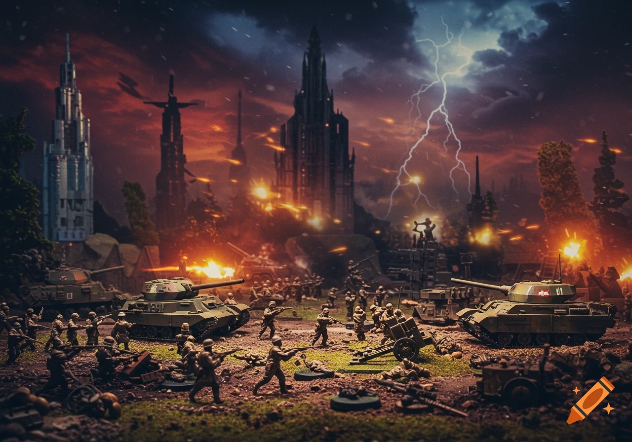 Miniature battle diorama with tanks and soldiers engaged in combat under a stormy sky.