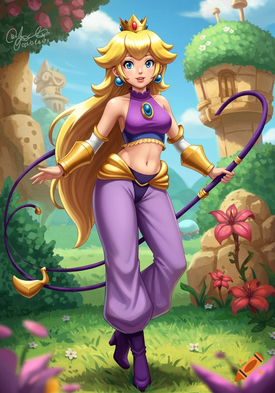 Princess Peach in a fantasy outfit, standing in a forest scene.