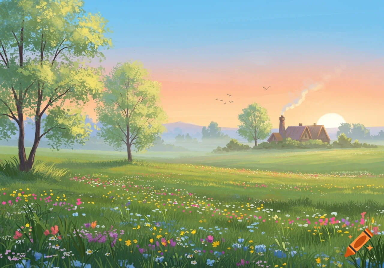 Painterly spring landscape with a field of wildflowers, trees, a house with smoking chimney, and sunrise.