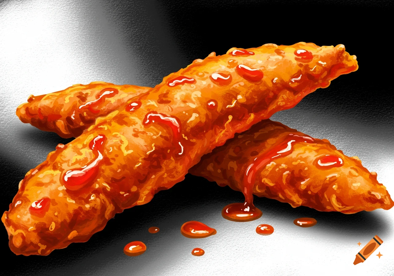 Illustration of two peri peri tender strips covered in sauce on a surface.