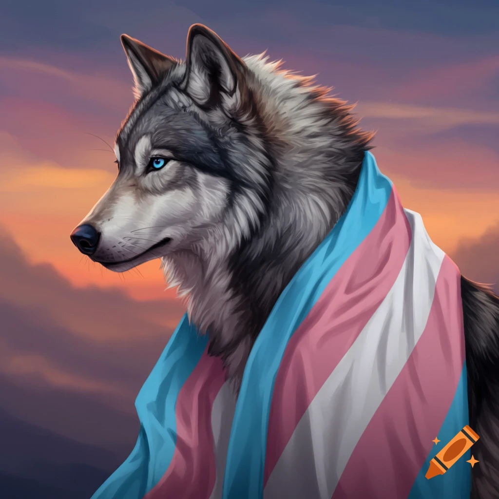 A wolf draped in a transgender flag looks left under a sunset sky.