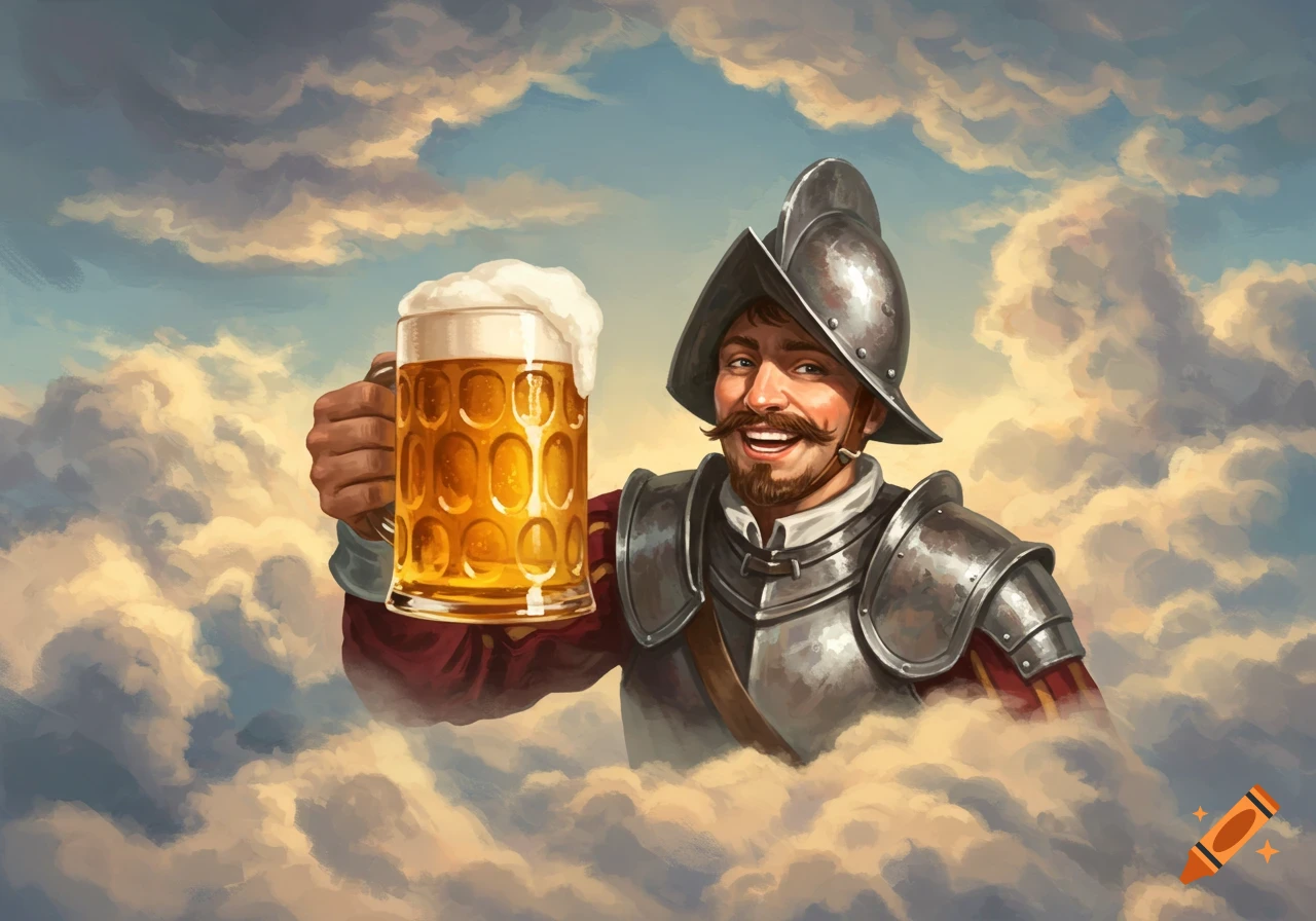 Smiling conquistador in armor holding a beer mug in the clouds, digital painting.