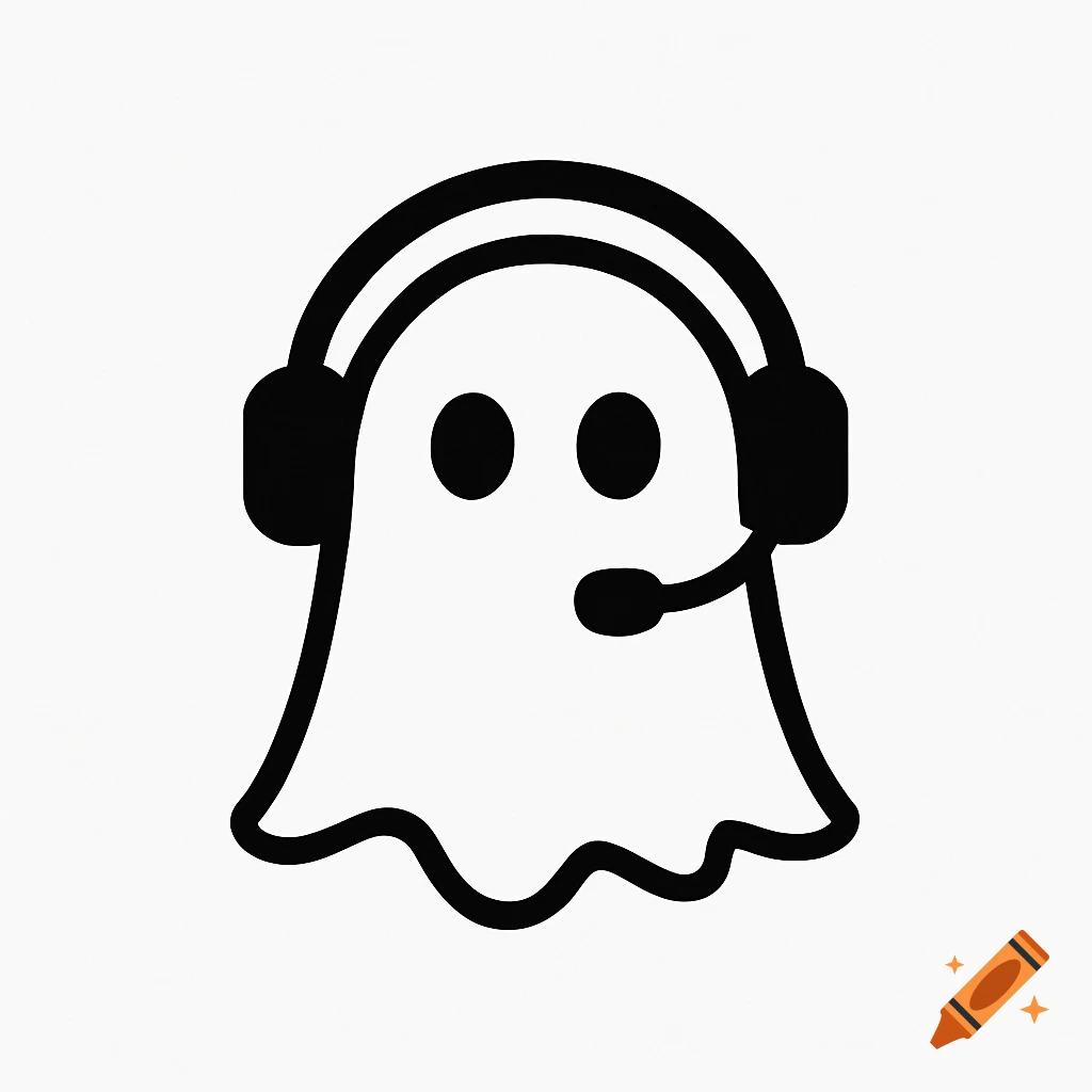 Minimalist black and white ghost icon wearing headphones
