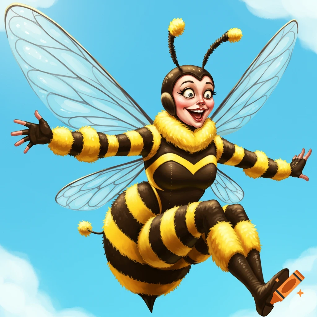 Cartoon illustration of a woman in a bee costume flying in the sky.