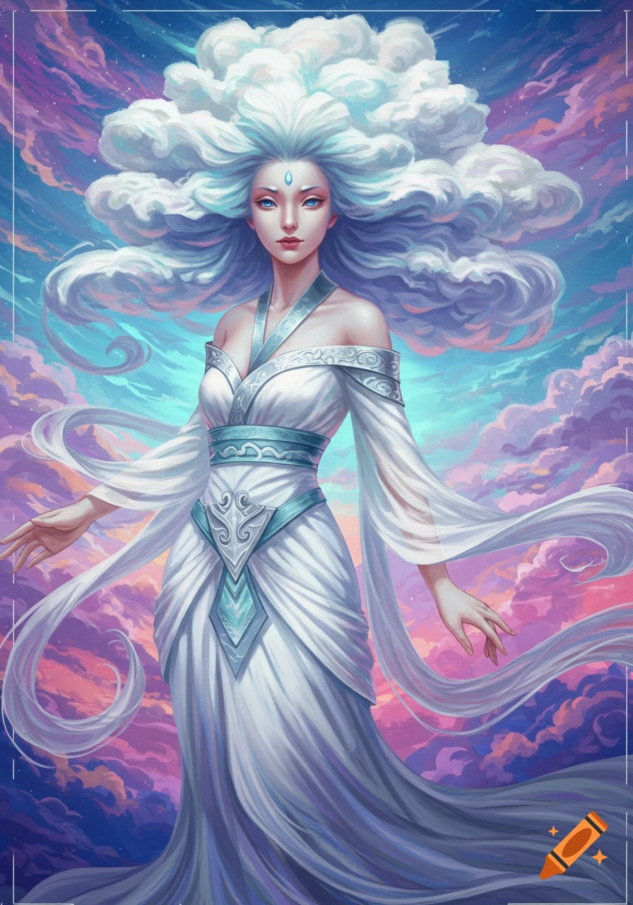 Fantasy illustration of a goddess-like figure with cloud hair and flowing dress in a sky full of colorful clouds.