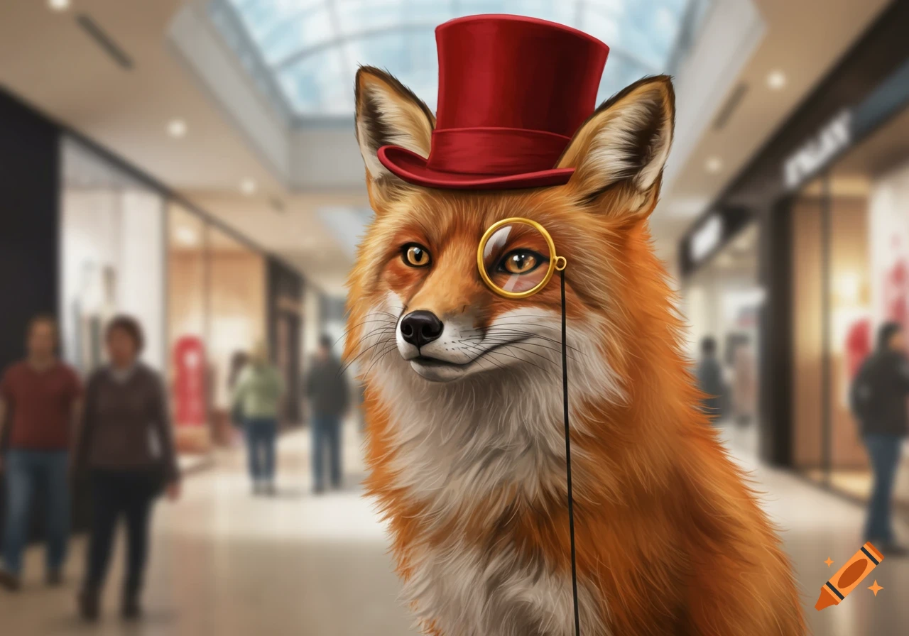 A fox wearing a red top hat and a monocle looks forward in a blurry mall background.