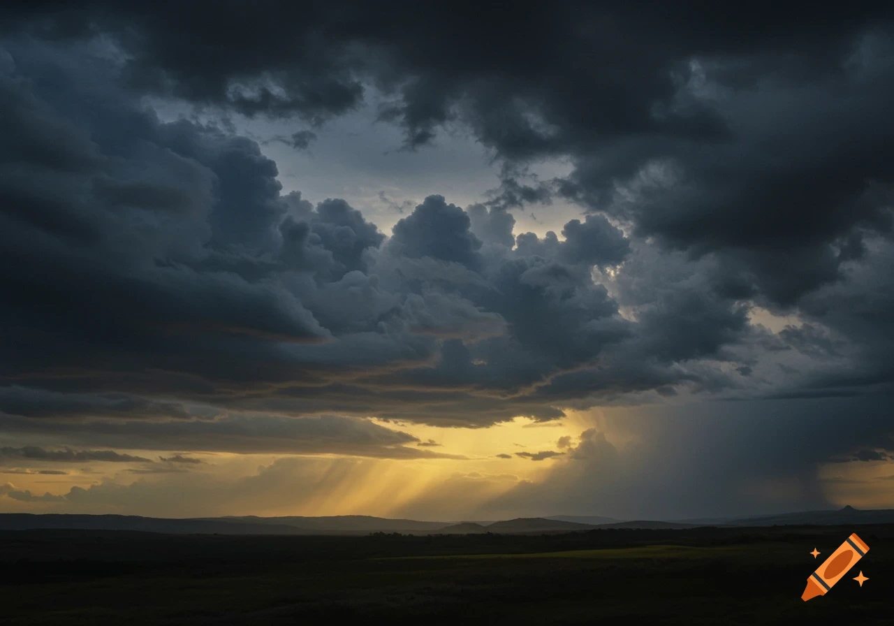 Dark storm clouds over a landscape with sun rays breaking through and ...