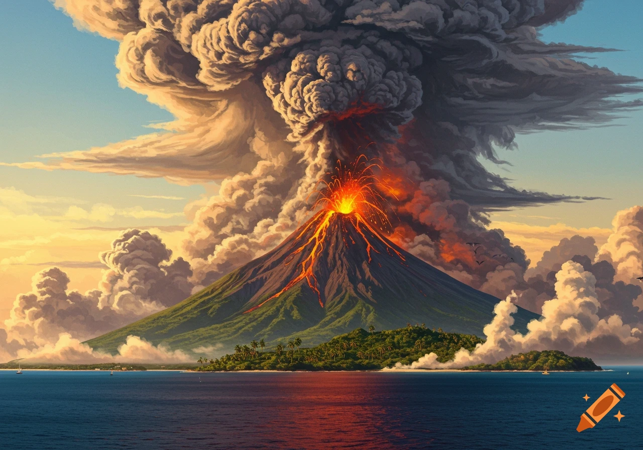 A volcanic eruption on a tropical island at sunset with lava flowing down the sides and a large smoke plume.