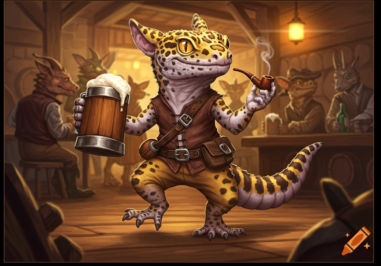 A spotted gecko kobold holds a beer mug and smokes a pipe in a busy fantasy tavern.