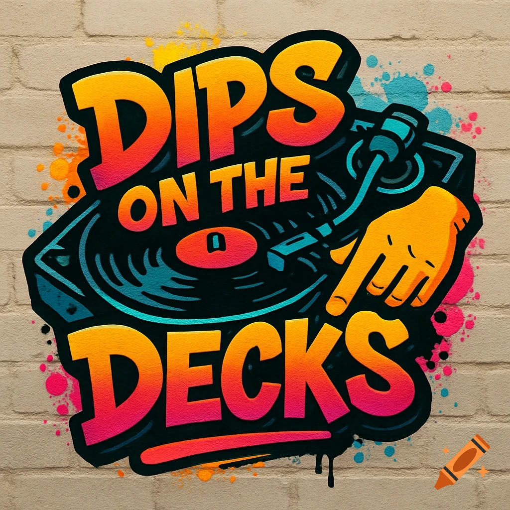 Vibrant logo with turntable and text 'DIPS ON THE DECKS' on a brick wall