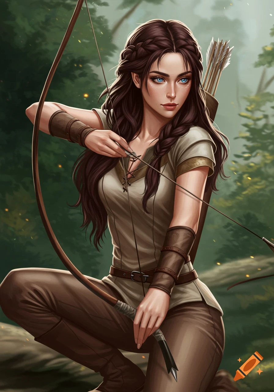 Illustration of a woman archer with dark hair and blue eyes, kneeling and drawing a bow in a forest.