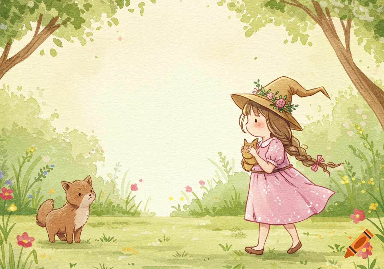 A whimsical watercolor illustration of a girl in a hat holding a small animal, meeting a fox in a forest clearing.