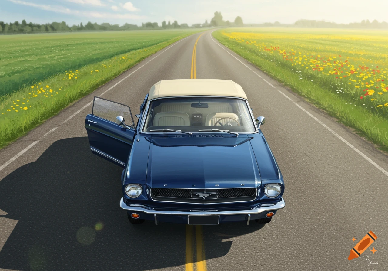 Illustration of a blue classic convertible car driving on a road through a landscape with fields.