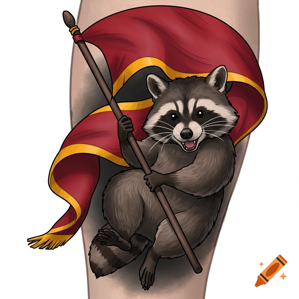 Cartoon raccoon holding a red and yellow flag tattoo