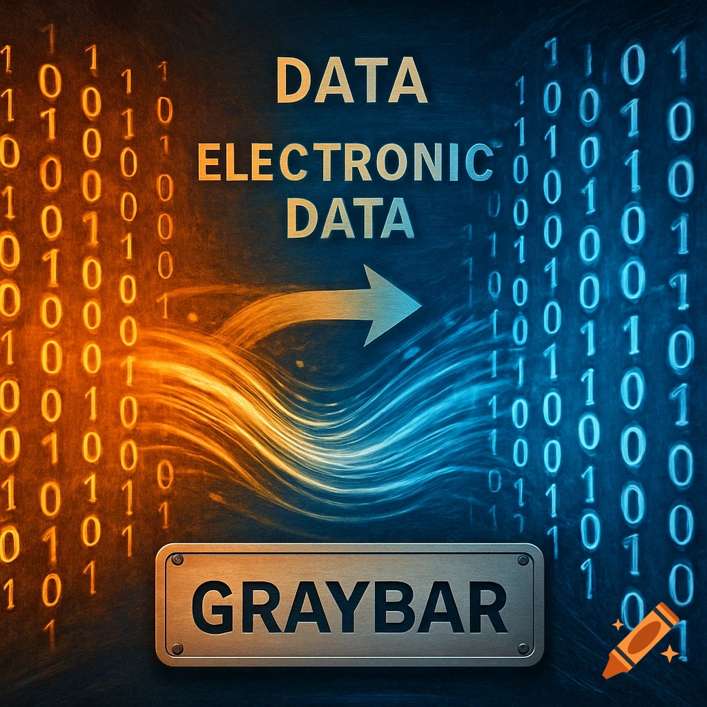 Abstract illustration of data flowing from binary code, labeled "DATA ELECTRONIC DATA", with a "GRAYBAR" plate below.