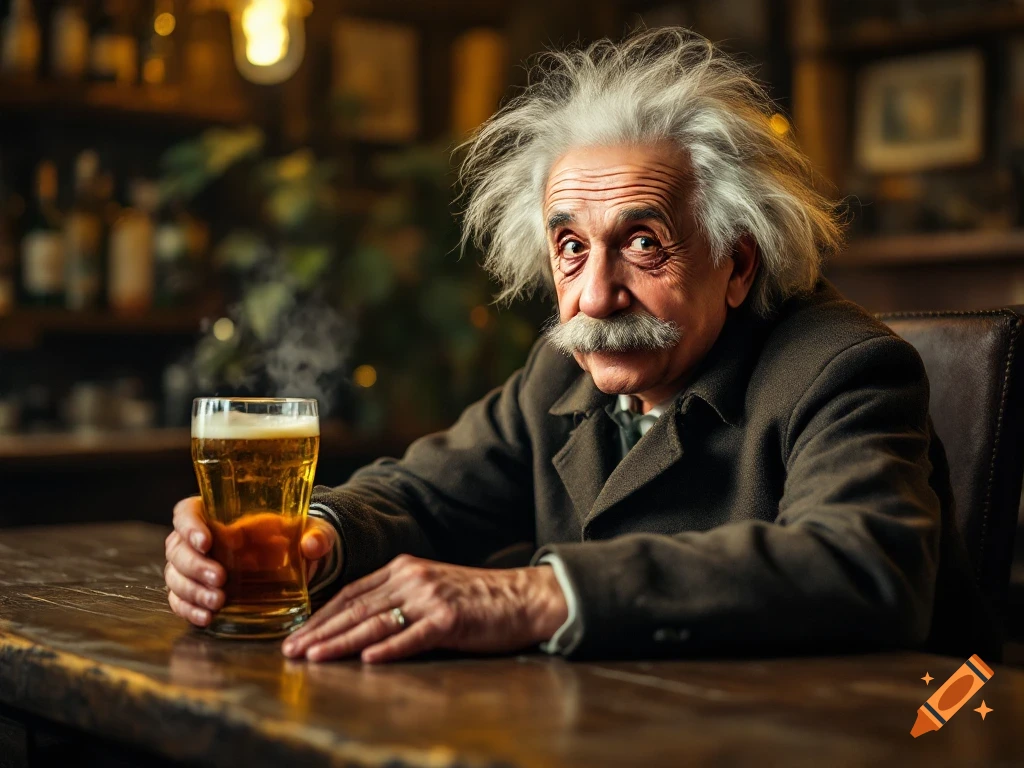 Albert Einstein sits in a pub holding a glass of beer.