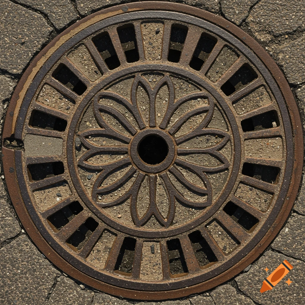 Close-up photo of a circular, rusty metal manhole cover with a decorative flower design set in cracked pavement.
