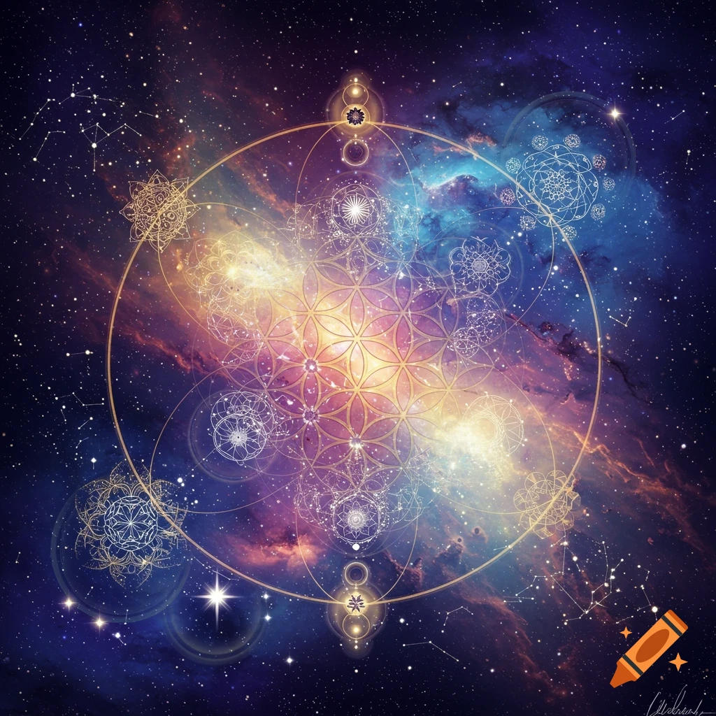 A complex geometric pattern overlaid on a vibrant purple and gold nebula in space with stars.