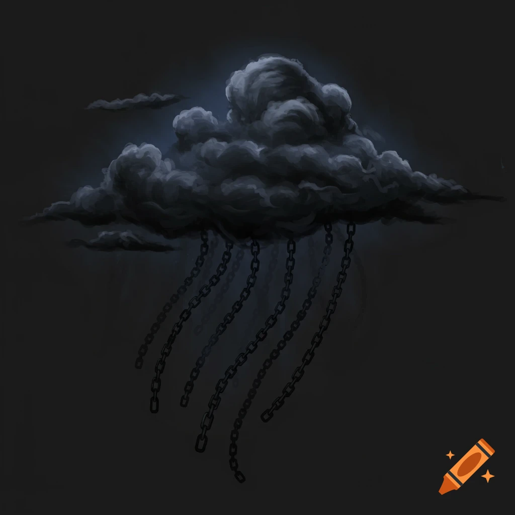 Dark illustration of a cloud with chains hanging down against a dark background.