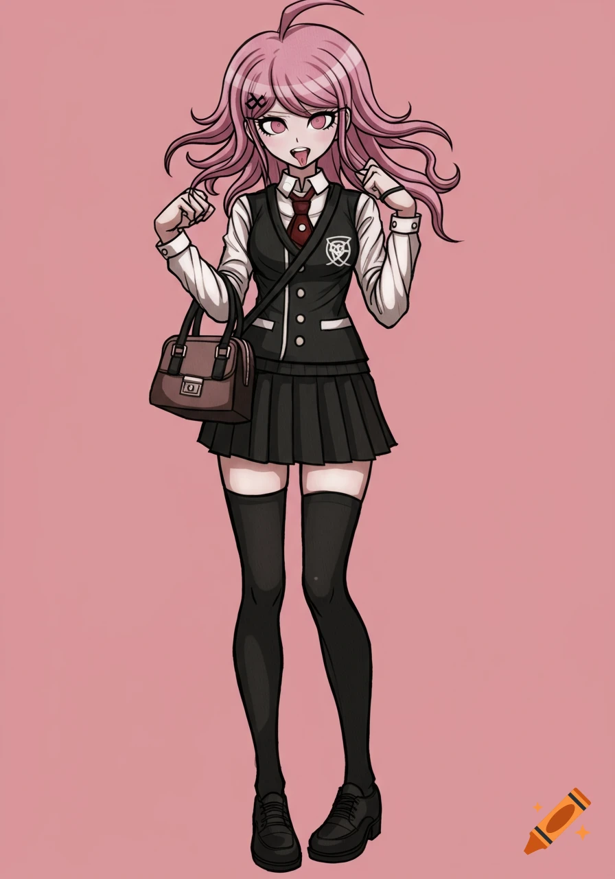 Anime character with pink hair in a Danganronpa style school uniform, sticking tongue out.