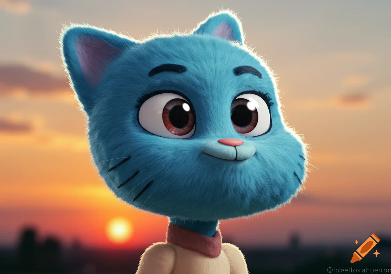 Realistic rendering of a blue furry cartoon cat with big eyes at sunset