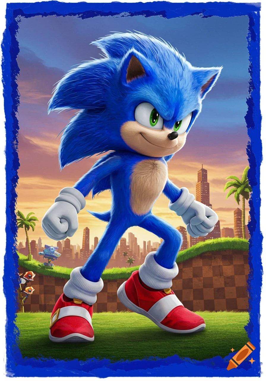 Sonic the Hedgehog running on a grassy hill with a city skyline in the background at sunset.
