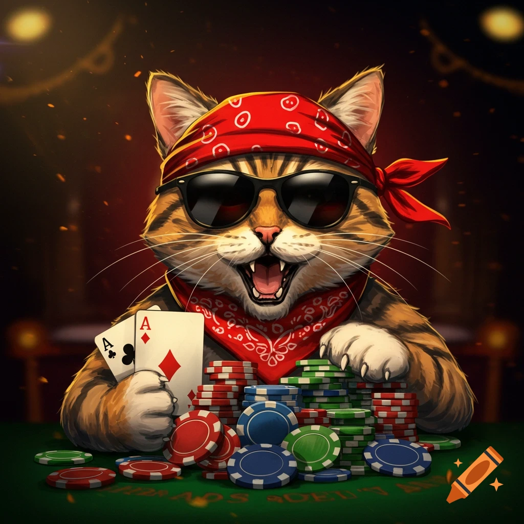A cartoon cat wearing a bandana and sunglasses holds two aces while sitting at a poker table with stacks of chips.
