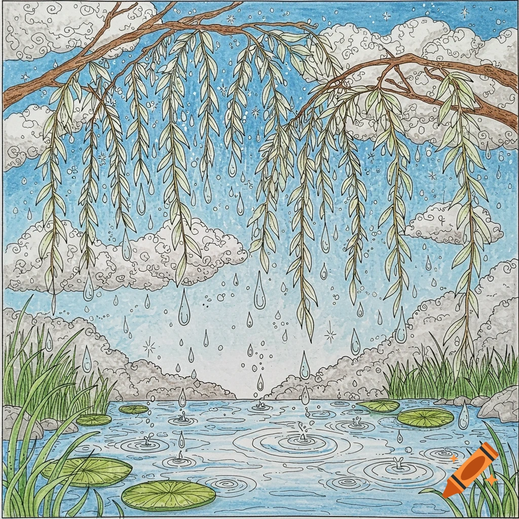 Coloring page illustration of a rainy scene with a willow tree over water.