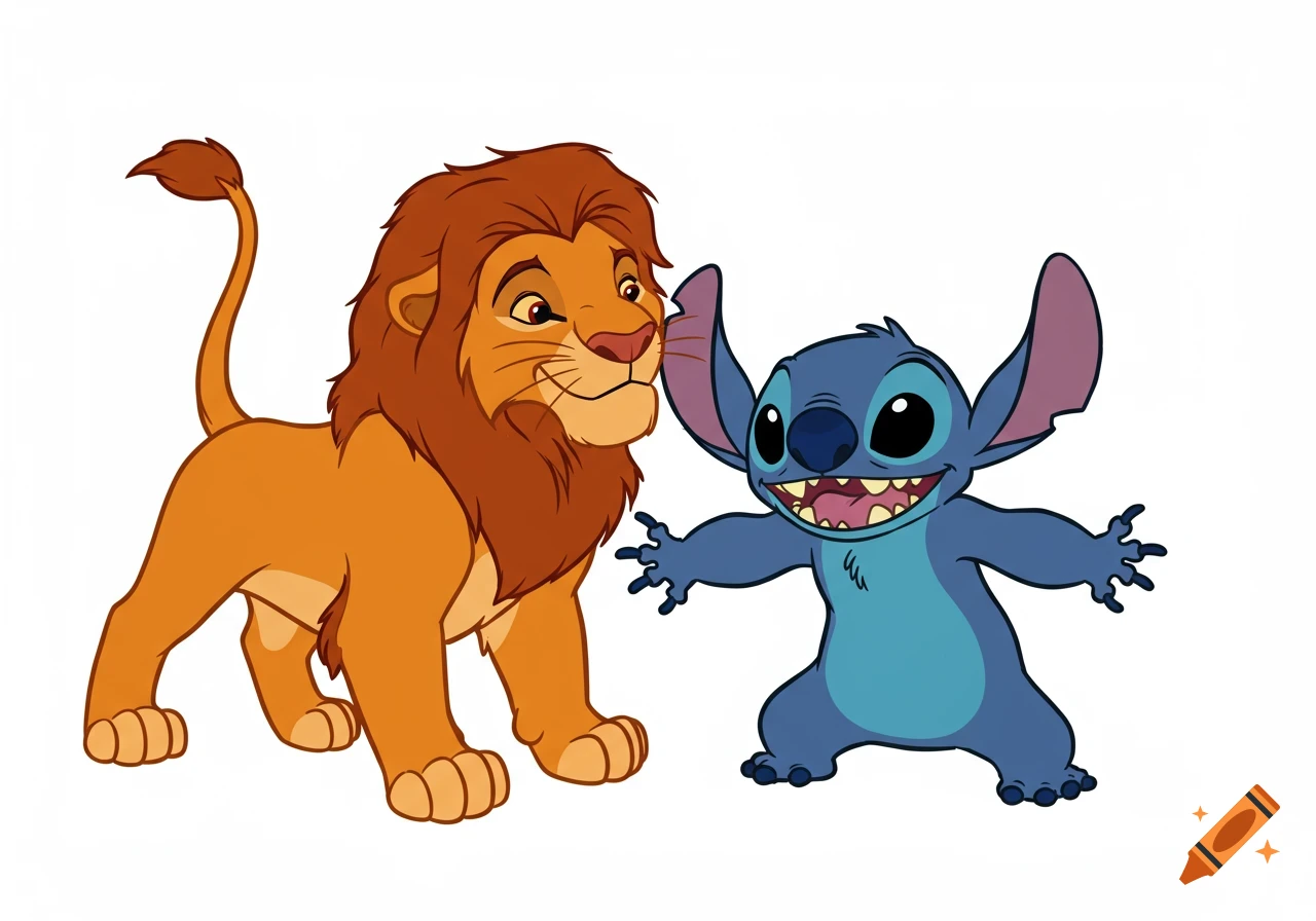 A cartoon lion stands beside Stitch.