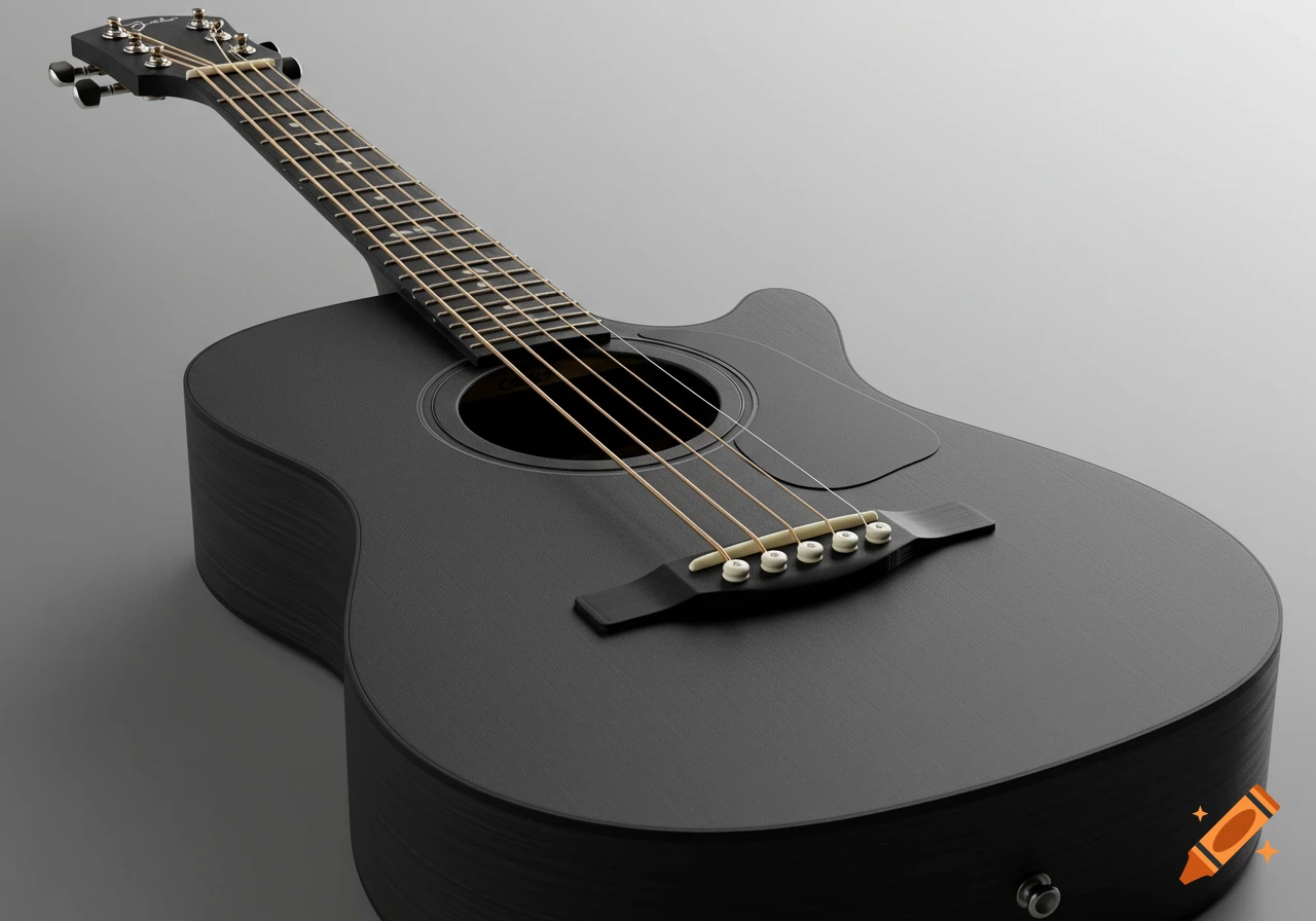 Close-up view of a black acoustic guitar made from 3D printed parts