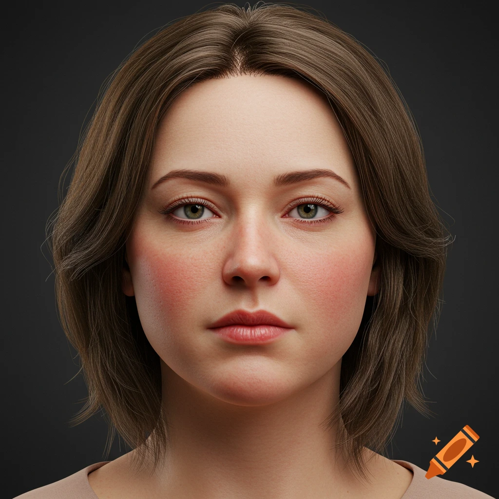 Photorealistic headshot of a woman directly facing camera