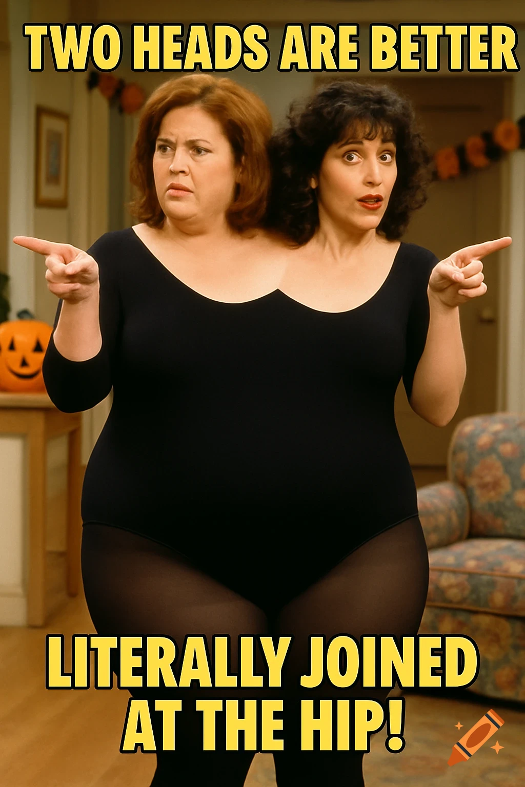 Two women's heads on a single body illusion in a leotard, pointing in opposite directions, with text overlay.