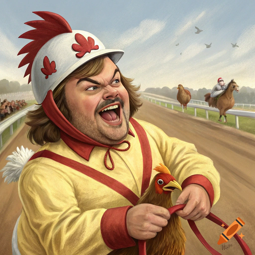 Caricature of Jack Black in a chicken helmet and outfit, holding a chicken leash at a racetrack.