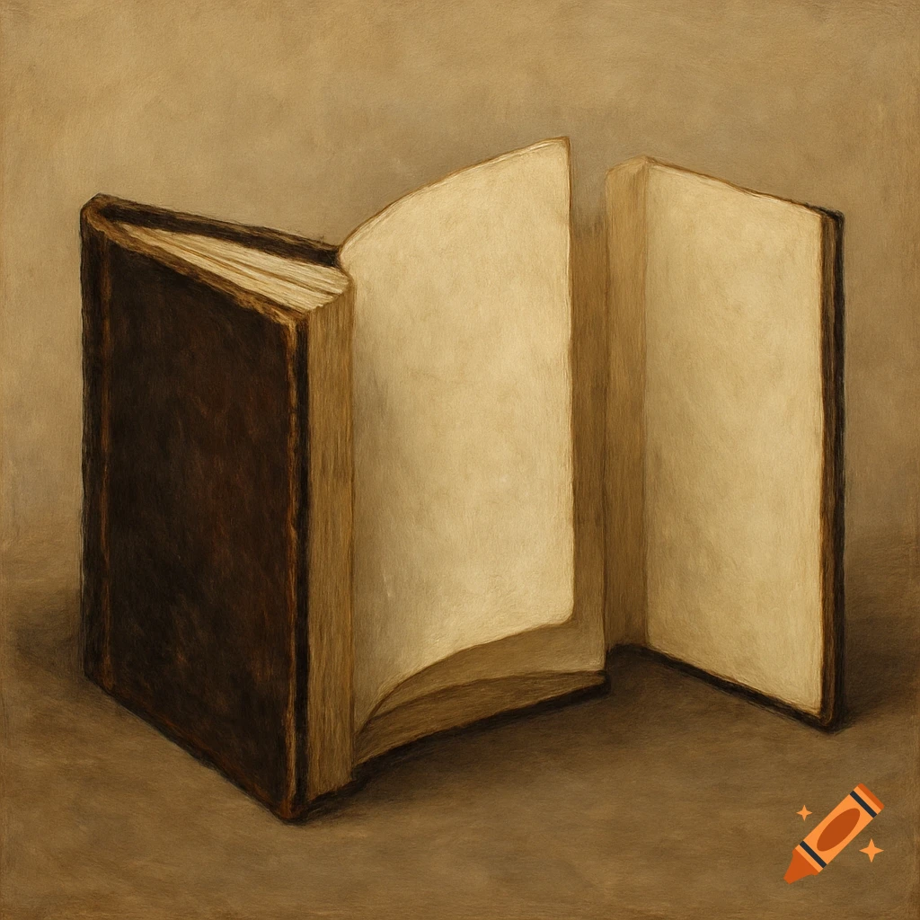 An open, old-looking hardcover book stands on a surface, painted in a vintage style.