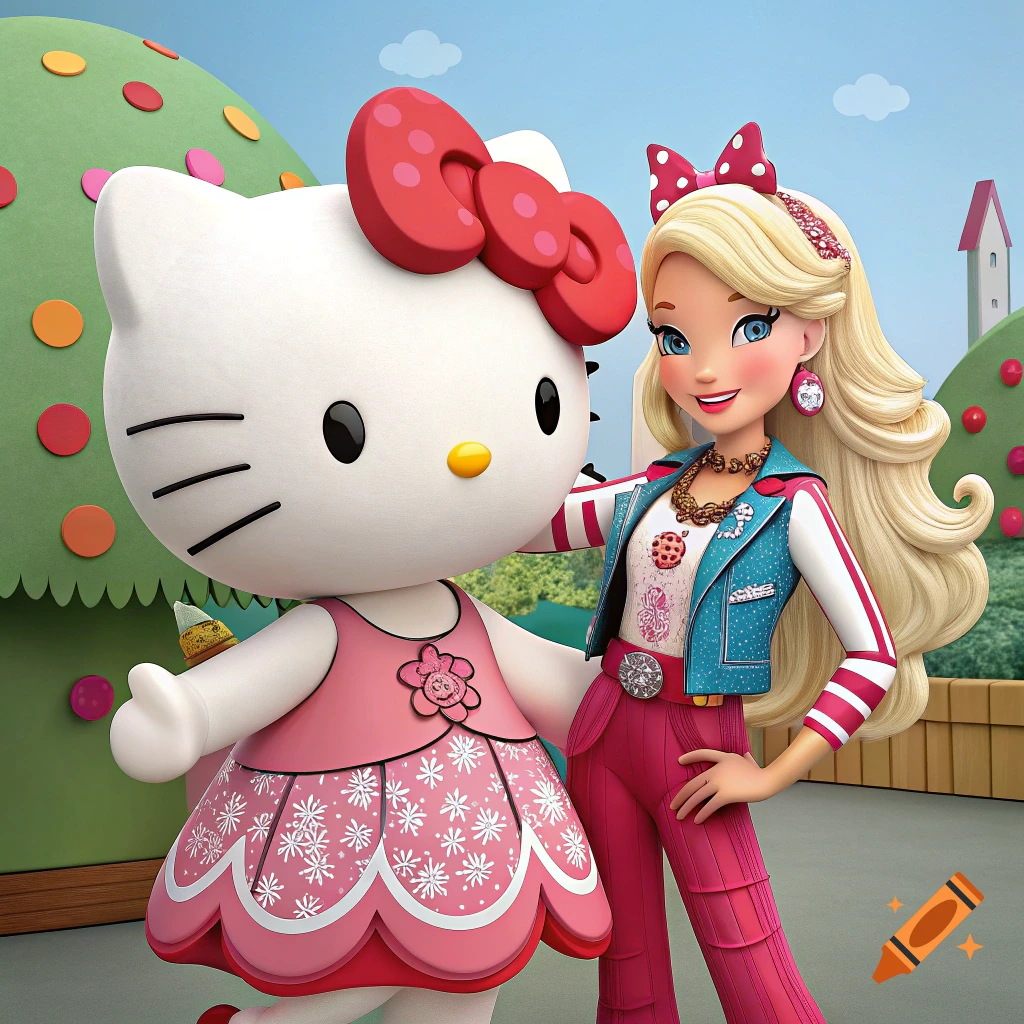 3D cartoon of Hello Kitty in a pink dress standing next to Barbie in a blue jacket and pink pants, outdoors.