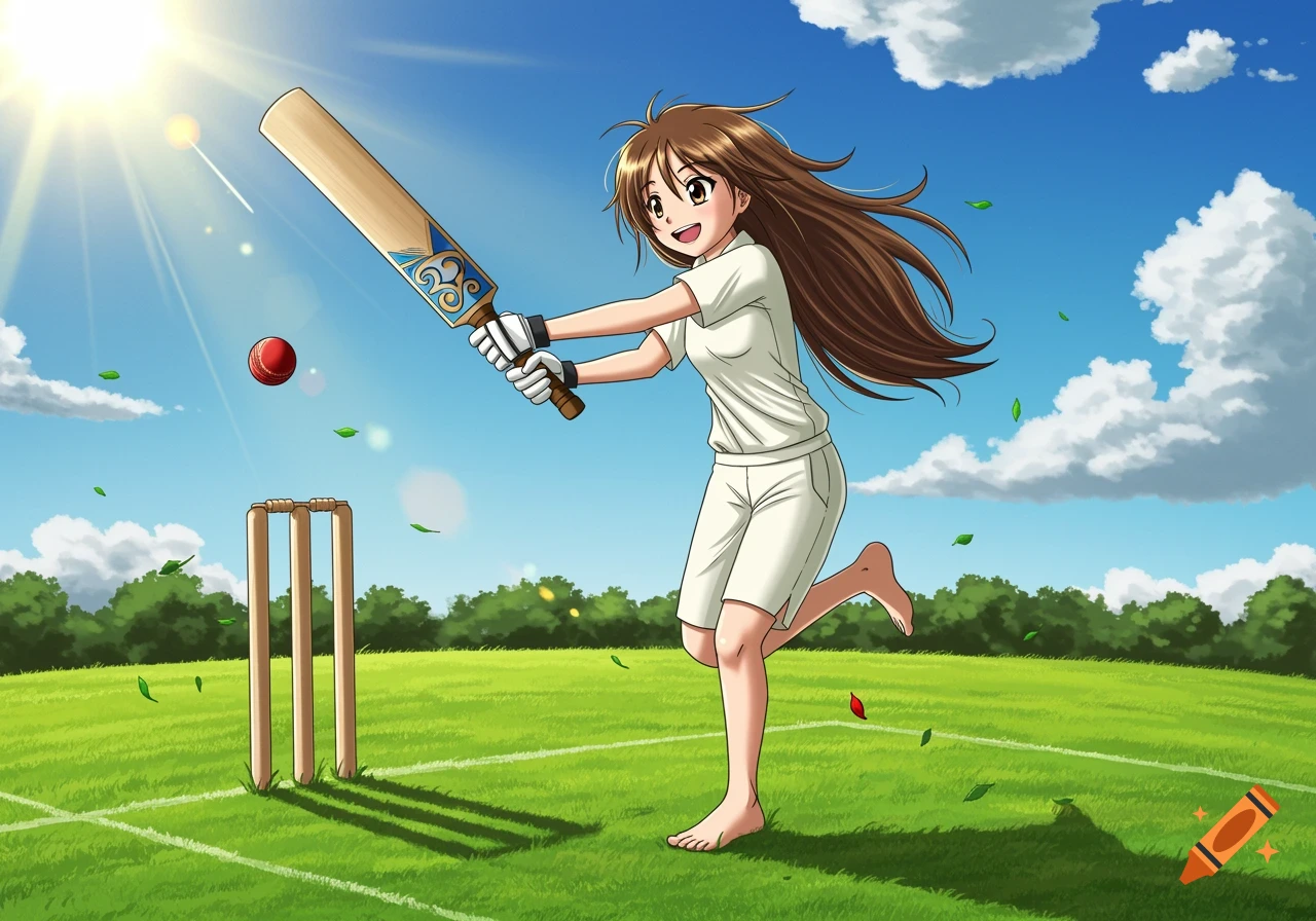 Anime girl playing cricket in a sunny field