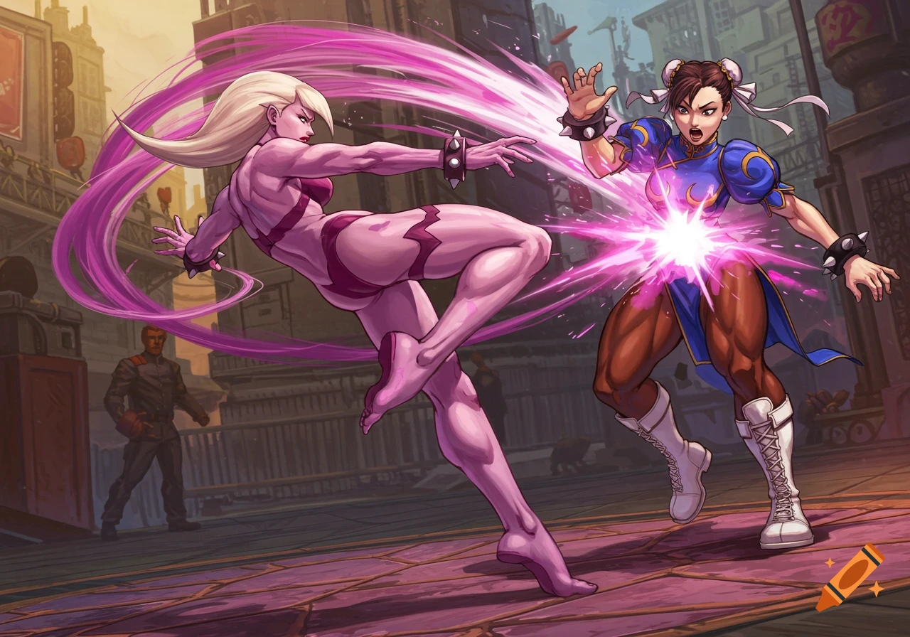 Illustration of Street Fighter characters Poison attacking Chun-Li with a purple energy effect.