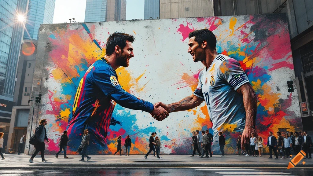 A giant mural of soccer players Messi and Ronaldo shaking hands on a city wall with colorful splatters.