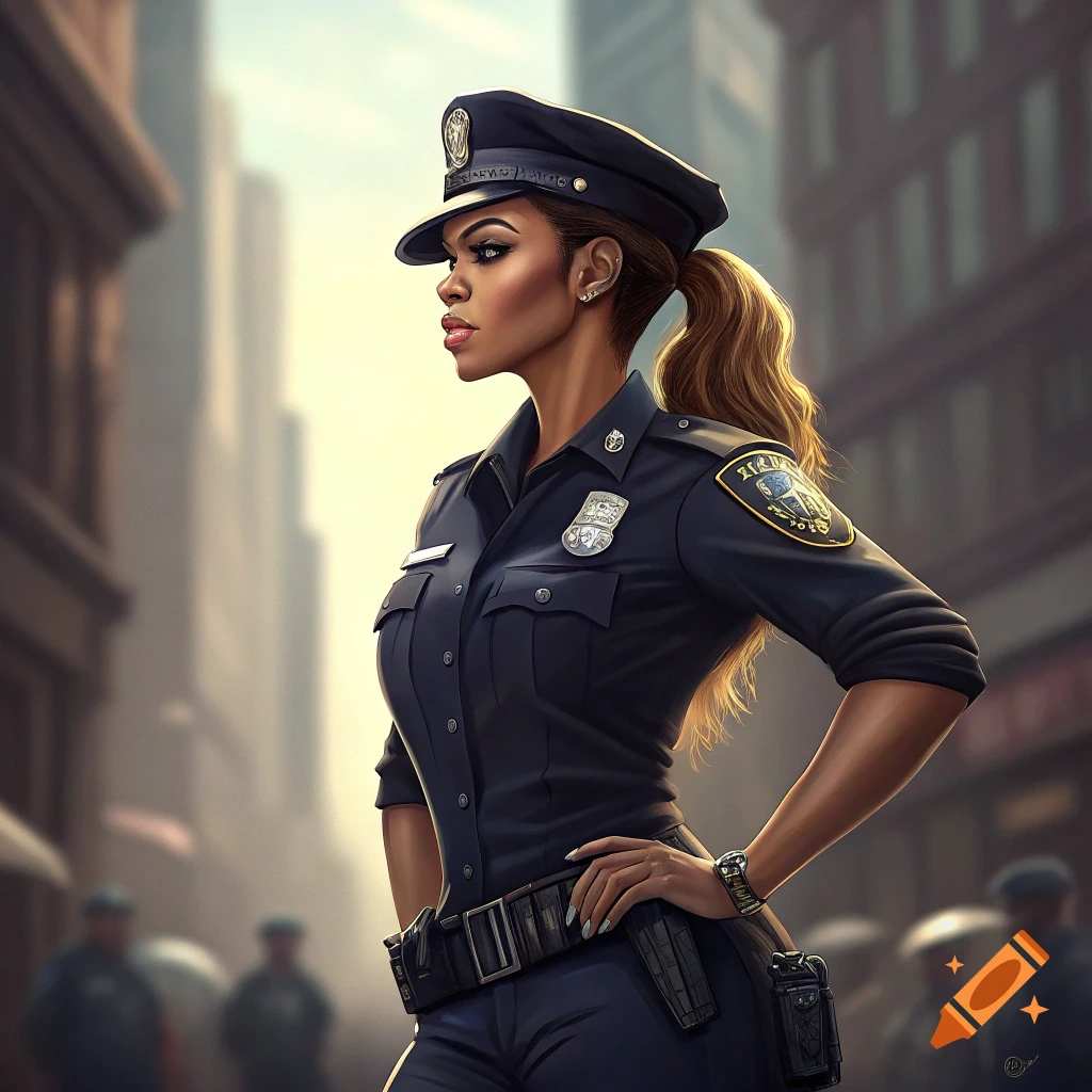 Profile view of a woman in a police uniform standing in a city street.