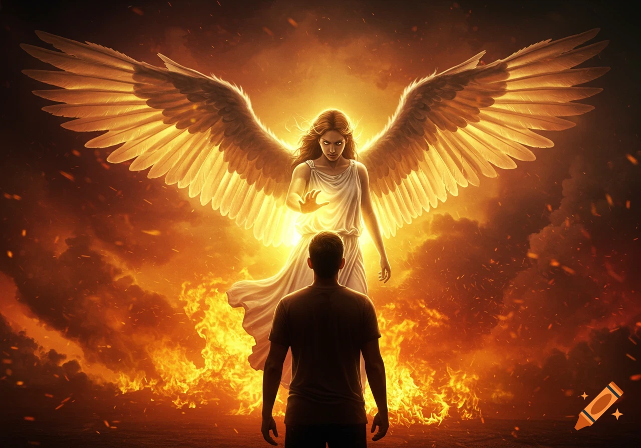Dramatic digital art shows an angel with golden wings shielding a human from flames.