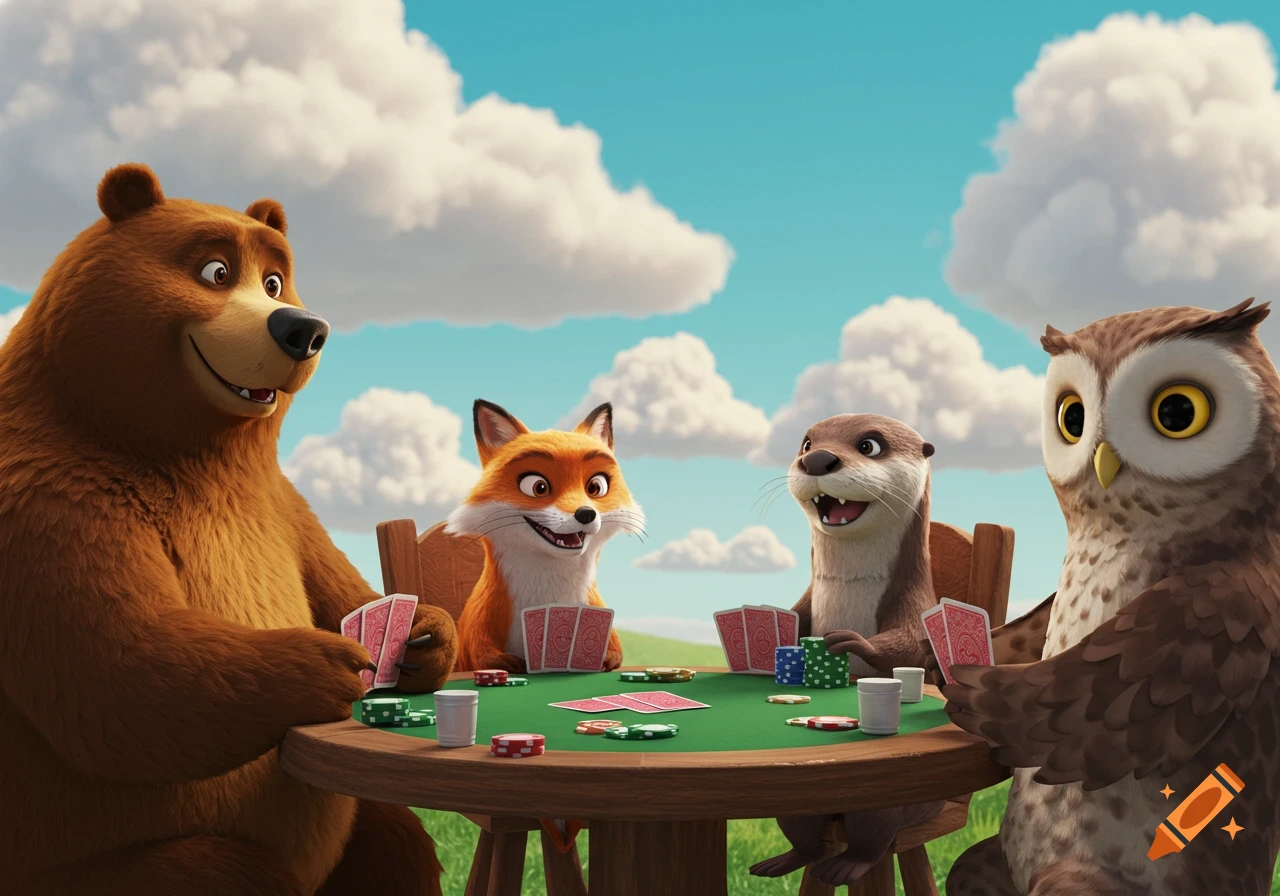 Cartoon animals playing poker at a table outdoors under a cloudy sky.
