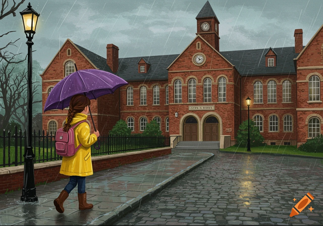 An illustration of a young girl with an umbrella walking in the rain towards a school building.